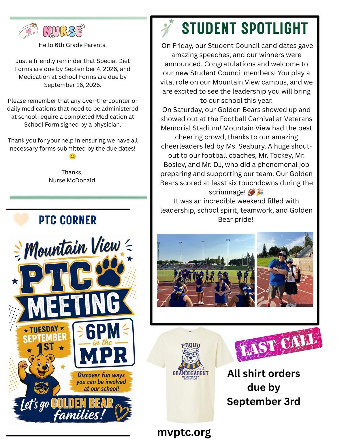A flyer announces a Mountain View PTC meeting on Tuesday, September 1st at 6 PM in the MPR, encouraging families to get involved.