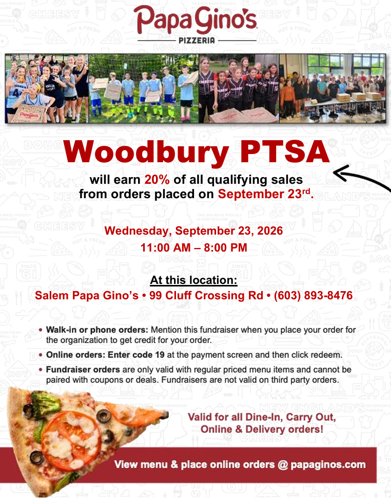 A Papa Gino's fundraiser flyer for Woodbury PTSA on September 23, 2026, featuring event details, location, and ordering instructions.