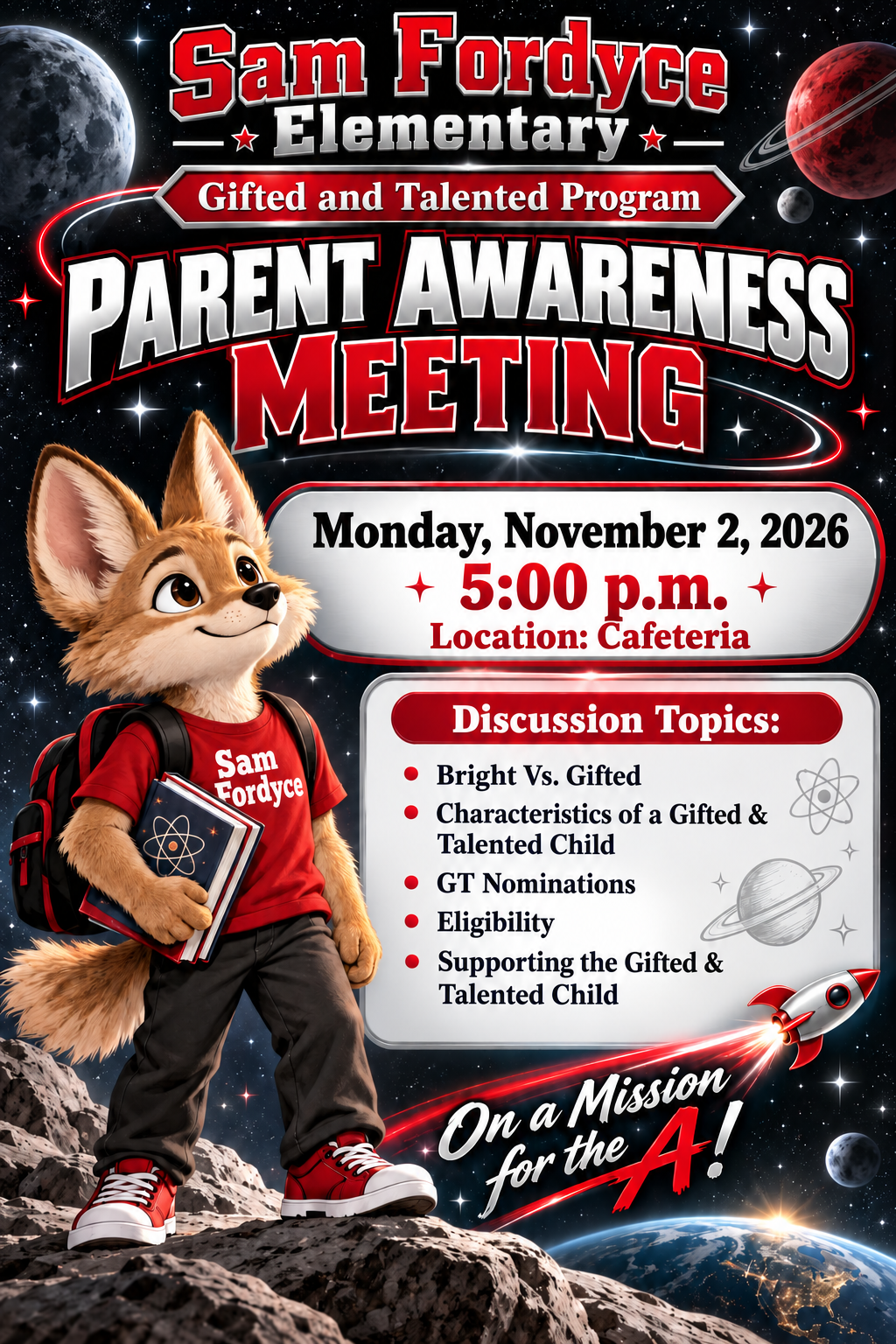 🚀🌟 Join us for the Sam Fordyce Elementary Gifted & Talented Program Parent Awareness Meeting! 🌟🚀