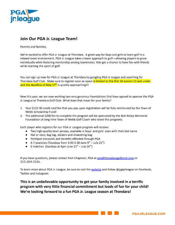 Community News - PGA Jr. League Team - Deadline May 17, 2026