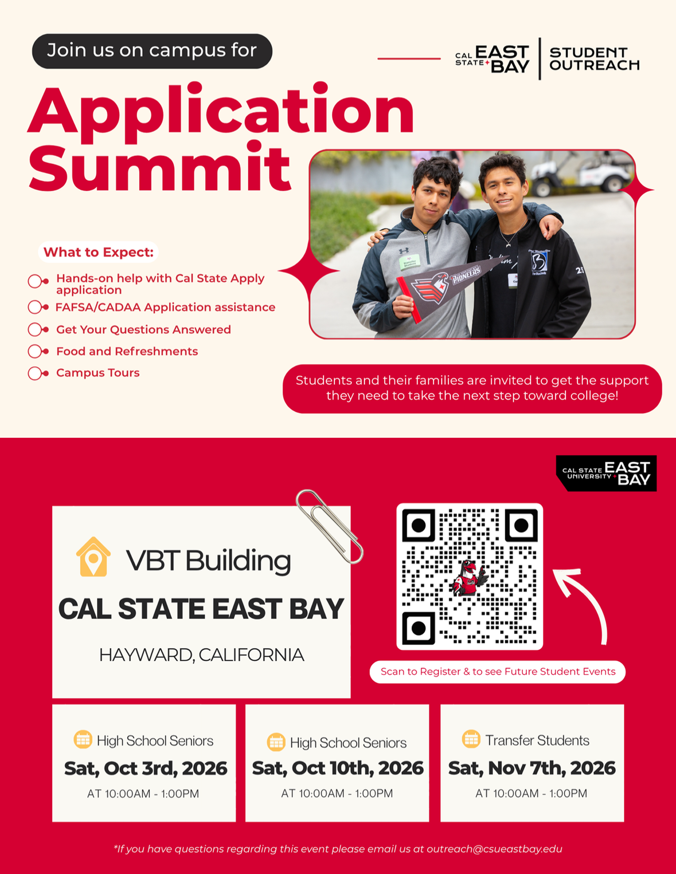 A promotional flyer for the Cal State East Bay Application Summit, featuring event details, dates in Fall 2026, and a QR code.