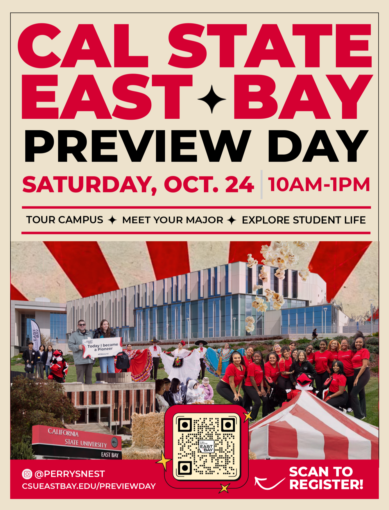 A promotional flyer for Cal State East Bay Preview Day on Saturday, Oct. 24, featuring campus photos and a QR code to register.