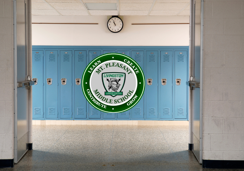A school hallway with rows of light blue lockers and a clock on the wall.