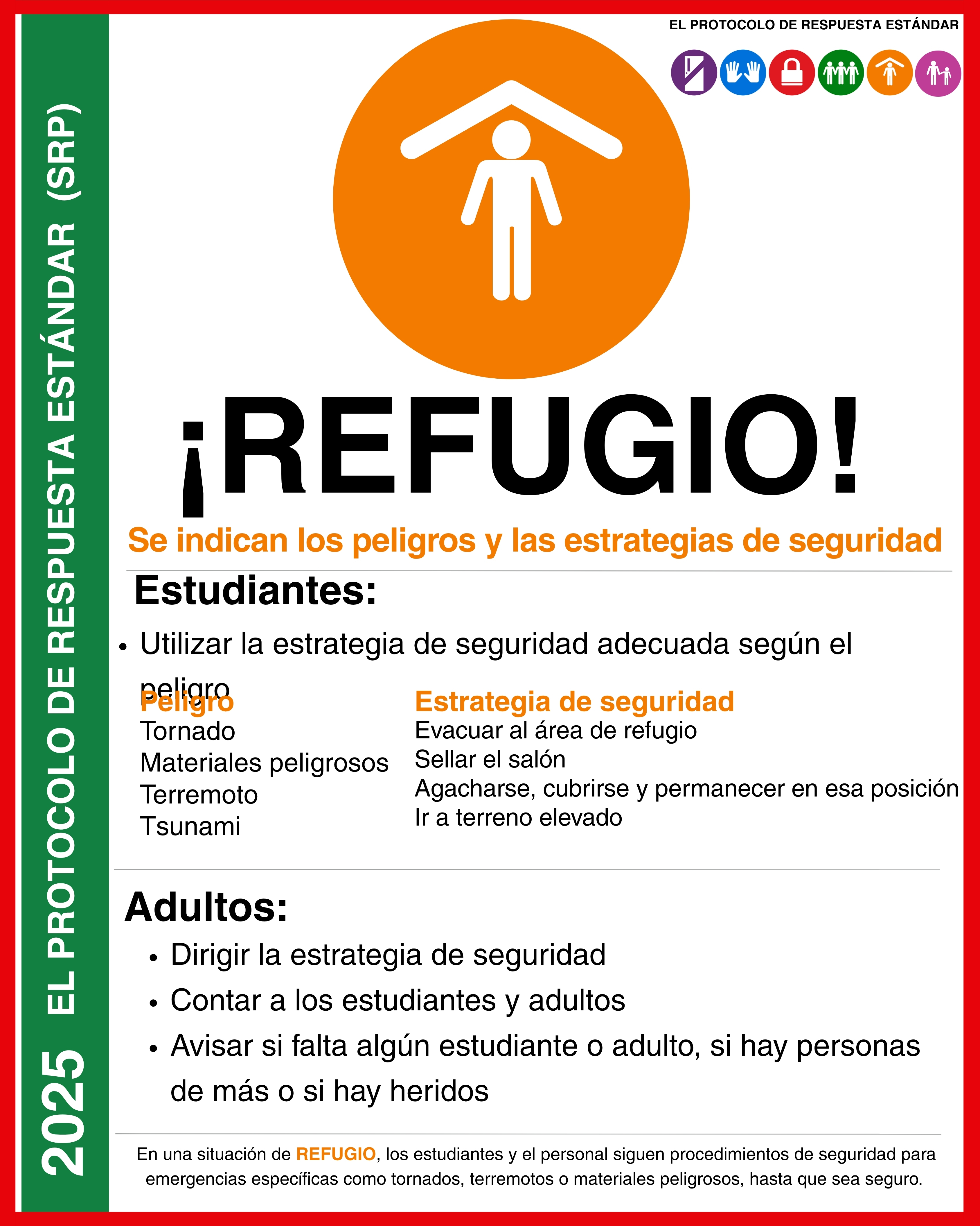 A Spanish safety poster titled '¡REFUGIO!' outlines protocols for students and adults during emergencies like tornadoes, earthquakes, and tsunamis.