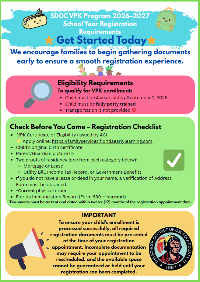 2026-2027 VPK & Kindergarten Registration Now Open