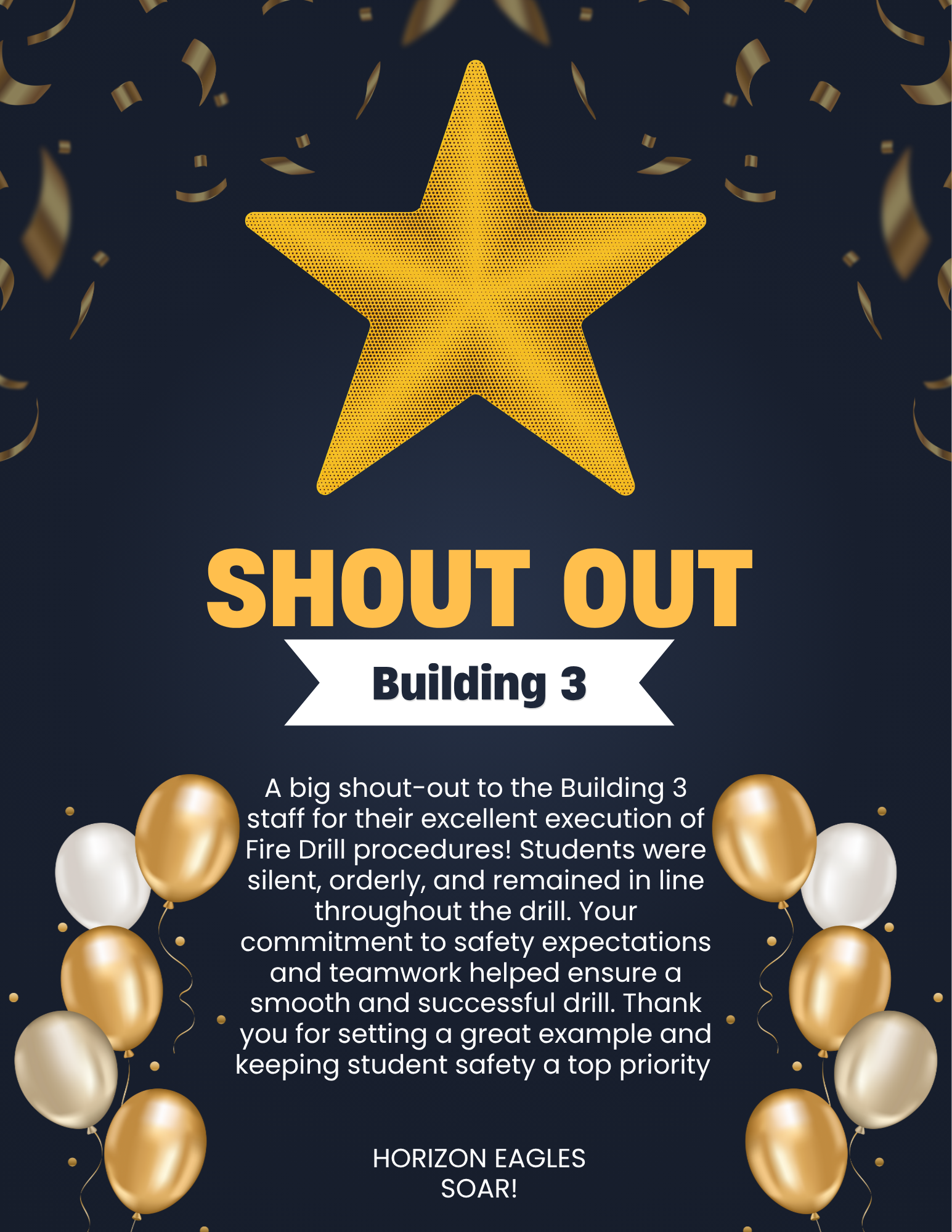 A celebratory graphic with a large gold star, confetti, and balloons announces a "SHOUT OUT" for Building 3.