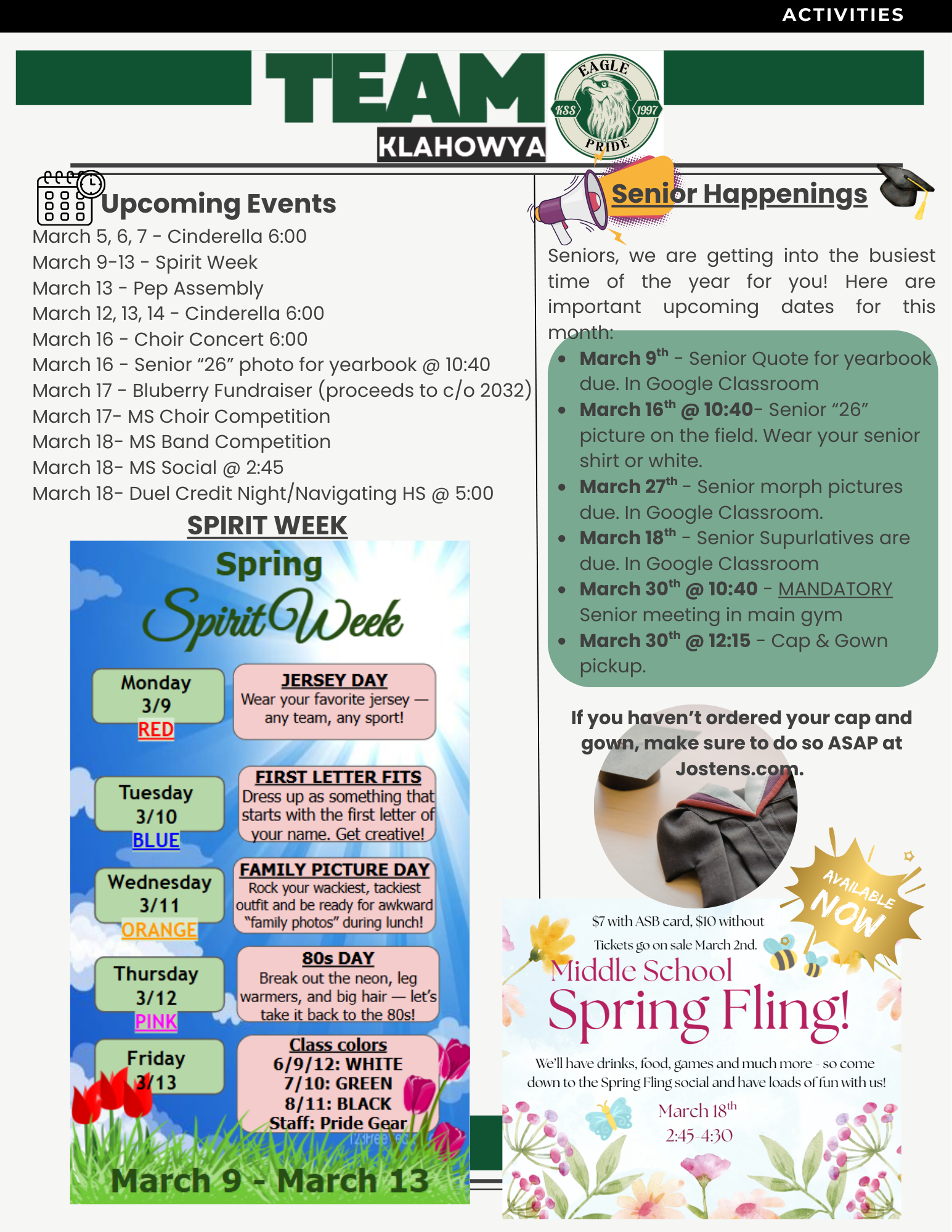 A school flyer announces upcoming events and spirit week activities for March 9-13, featuring a 'Spring Spirit Week' theme.