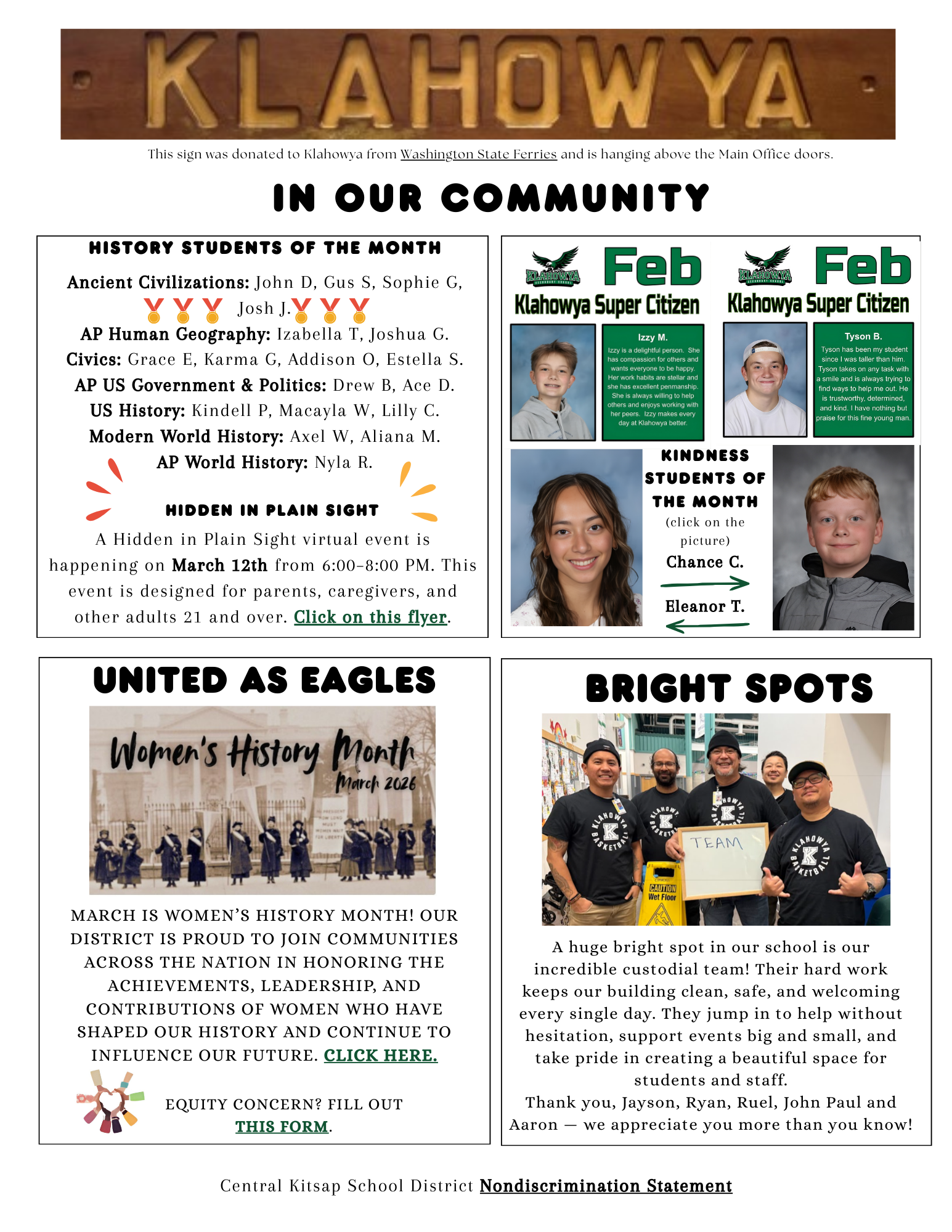 A newsletter titled 'In Our Community' features sections on history students, a virtual event, Women's History Month, and the custodial team.