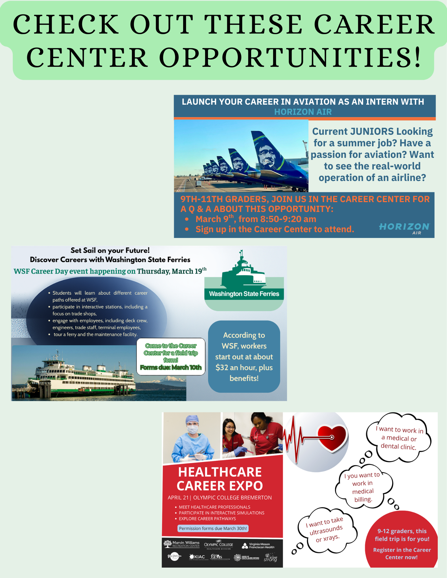 Poster announcing career opportunities, featuring aviation, ferry, and healthcare expos.