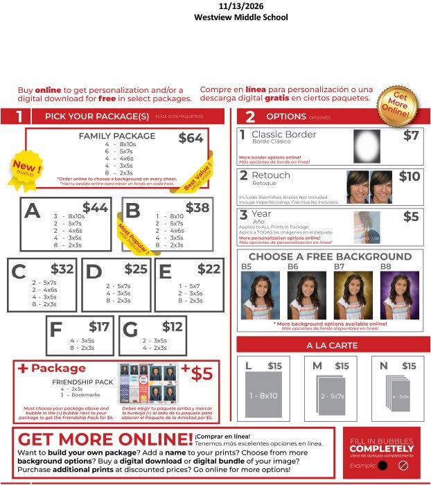A school picture order form from Westview Middle School detailing various photo packages, prices, and options.