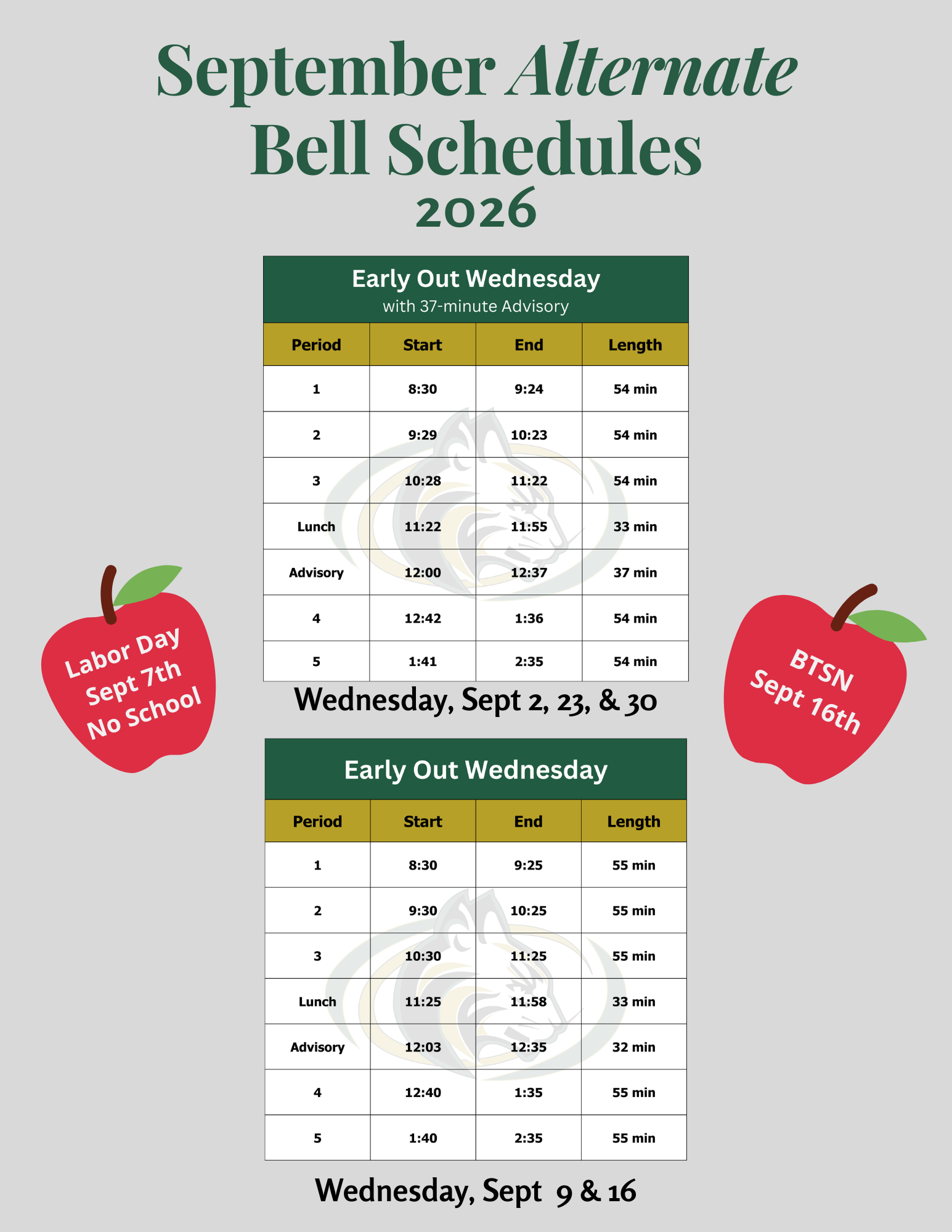 September Alternate Bell Schedules