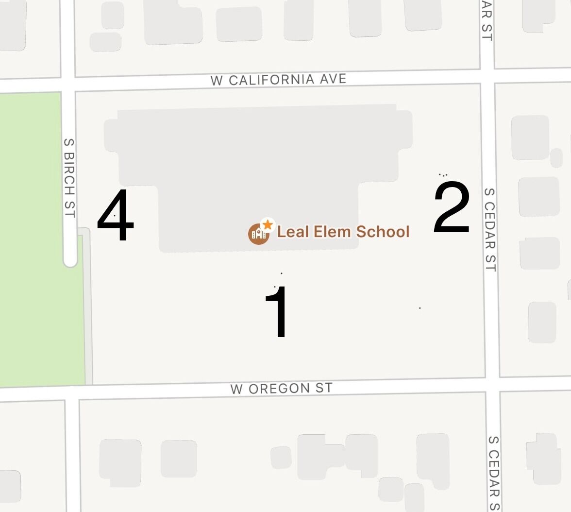 Map showing Leal Elementary School bordered by W California Ave, W Oregon St, S Birch St, and S Cedar St.