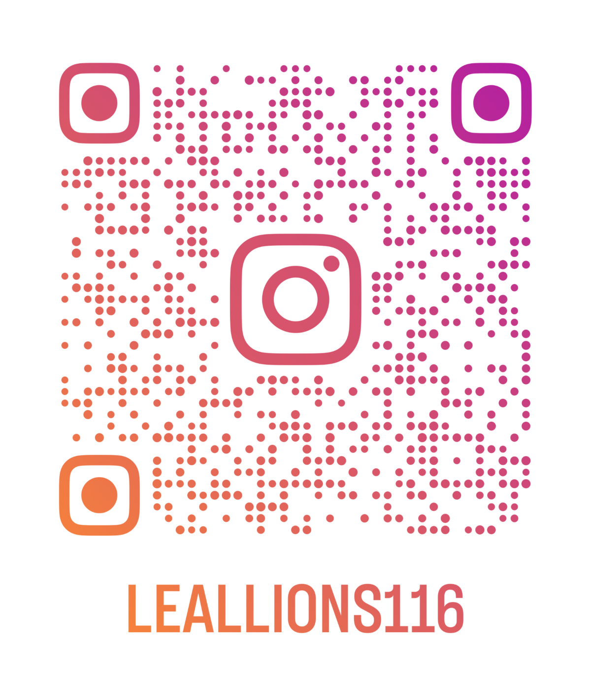 A QR code with Instagram logos and the text LEALLIONS116.