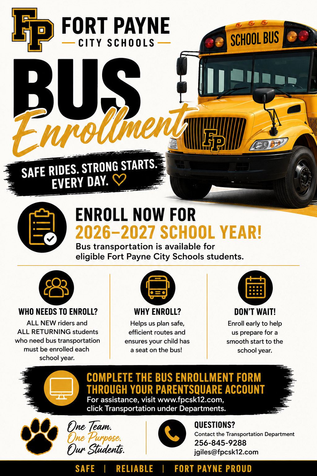 🎒Back to School: 2026-2027 Bus Enrollment is Open (Complete the form in ParentSquare)