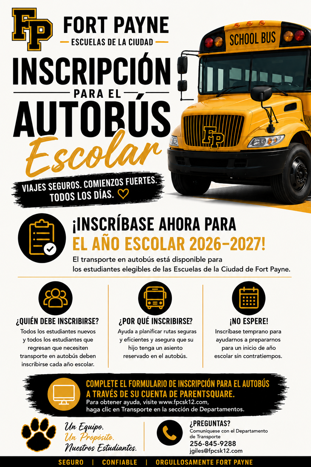 Poster for Fort Payne Schools announcing registration for the 2026-2027 school year bus service, featuring a yellow school bus.