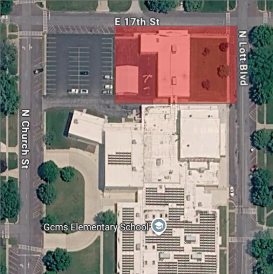 Aerial view of GCMS Elementary School complex, with E 17th St and N Lott Blvd visible.