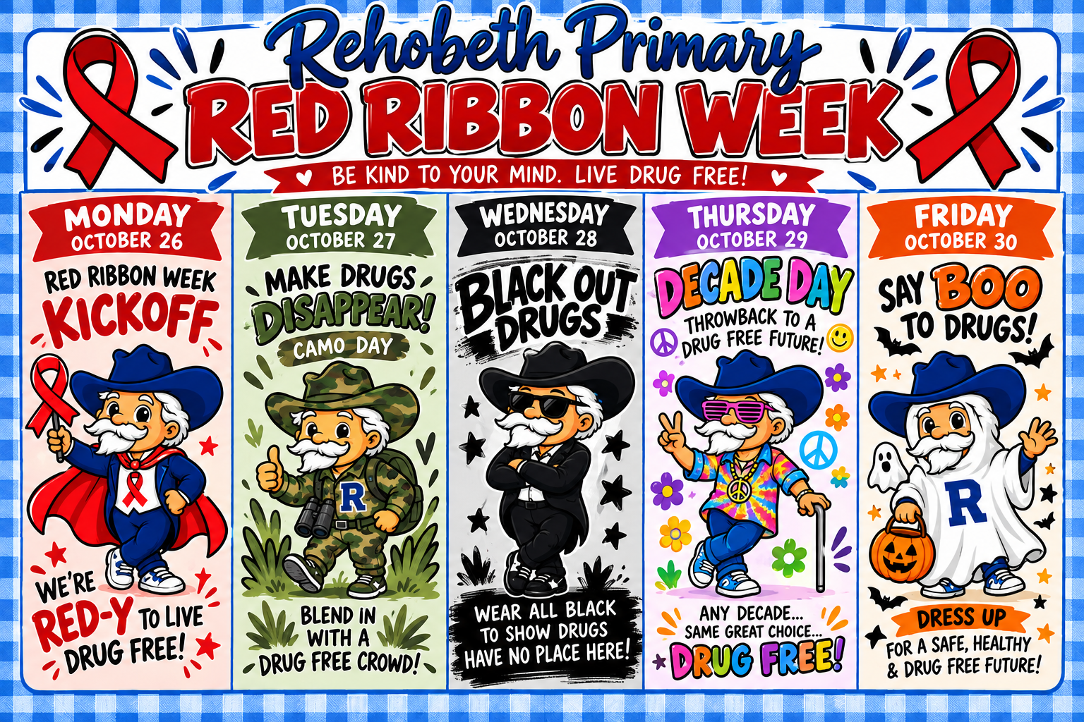 A colorful poster for Rehoboth Primary's Red Ribbon Week details daily dress-up themes from Monday to Friday.