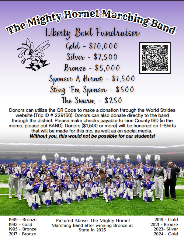 The Mighty Hornet Marching Band poses for a photo on a football field after winning Bronze at State in 2025.