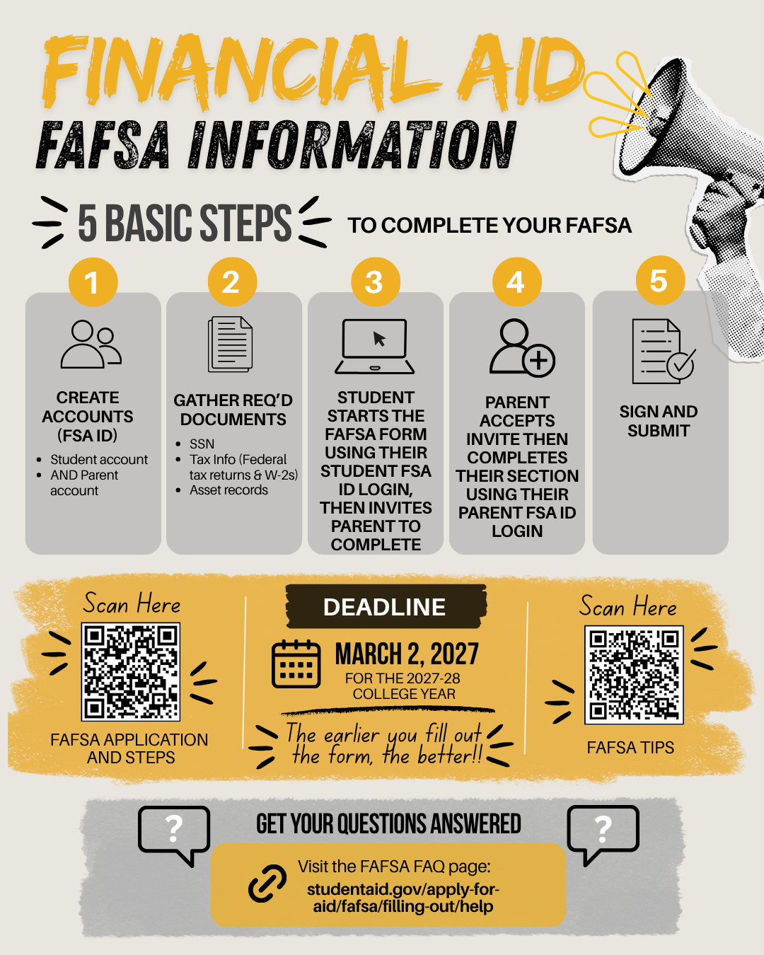Seniors: Need financial aid for college?  Don't wait to file your FAFSA or CADAA!!  