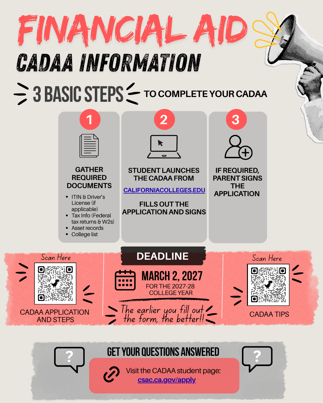 An infographic details financial aid CADAA steps, including gathering documents, launching the application, and parent signatures, with a deadline of March 2, 2027.