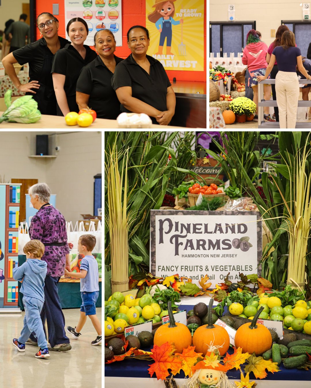 A four-panel image shows food service staff smiling, people browsing a harvest display, an adult walking with two children, and a Pineland Farms produce stand decorated with pumpkins and corn stalks.