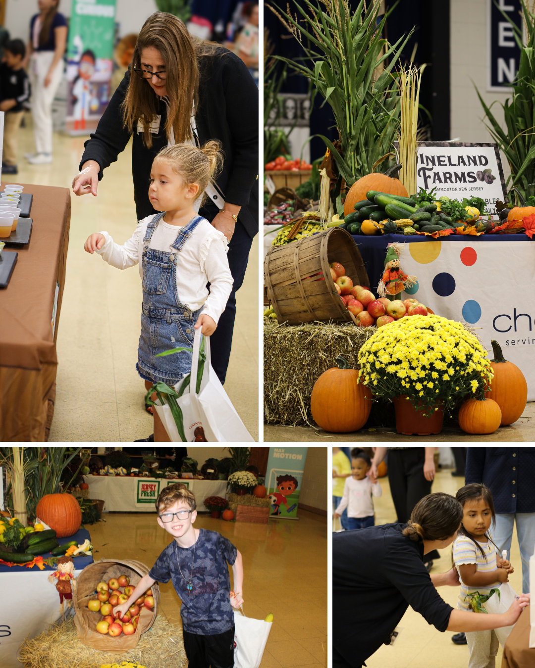 A four-panel collage showing children and adults enjoying an indoor autumn festival with produce displays, pumpkins, and activities.