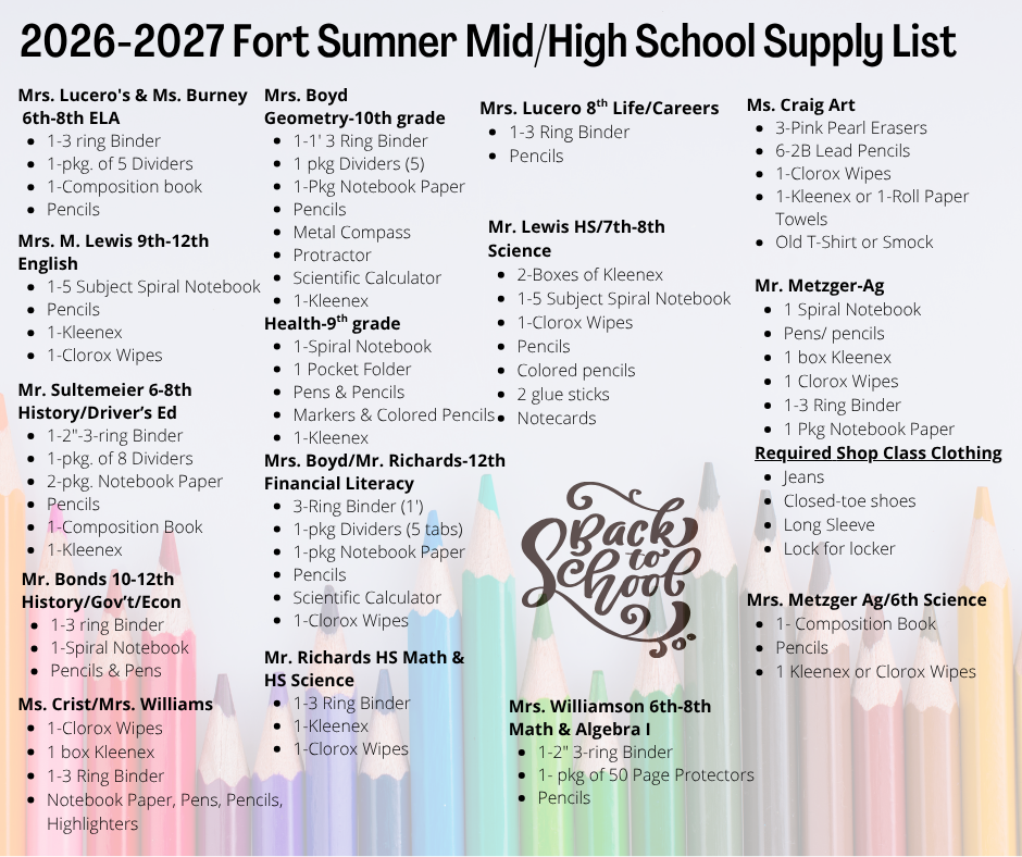 2026 - 2027 Middle and High School supply list