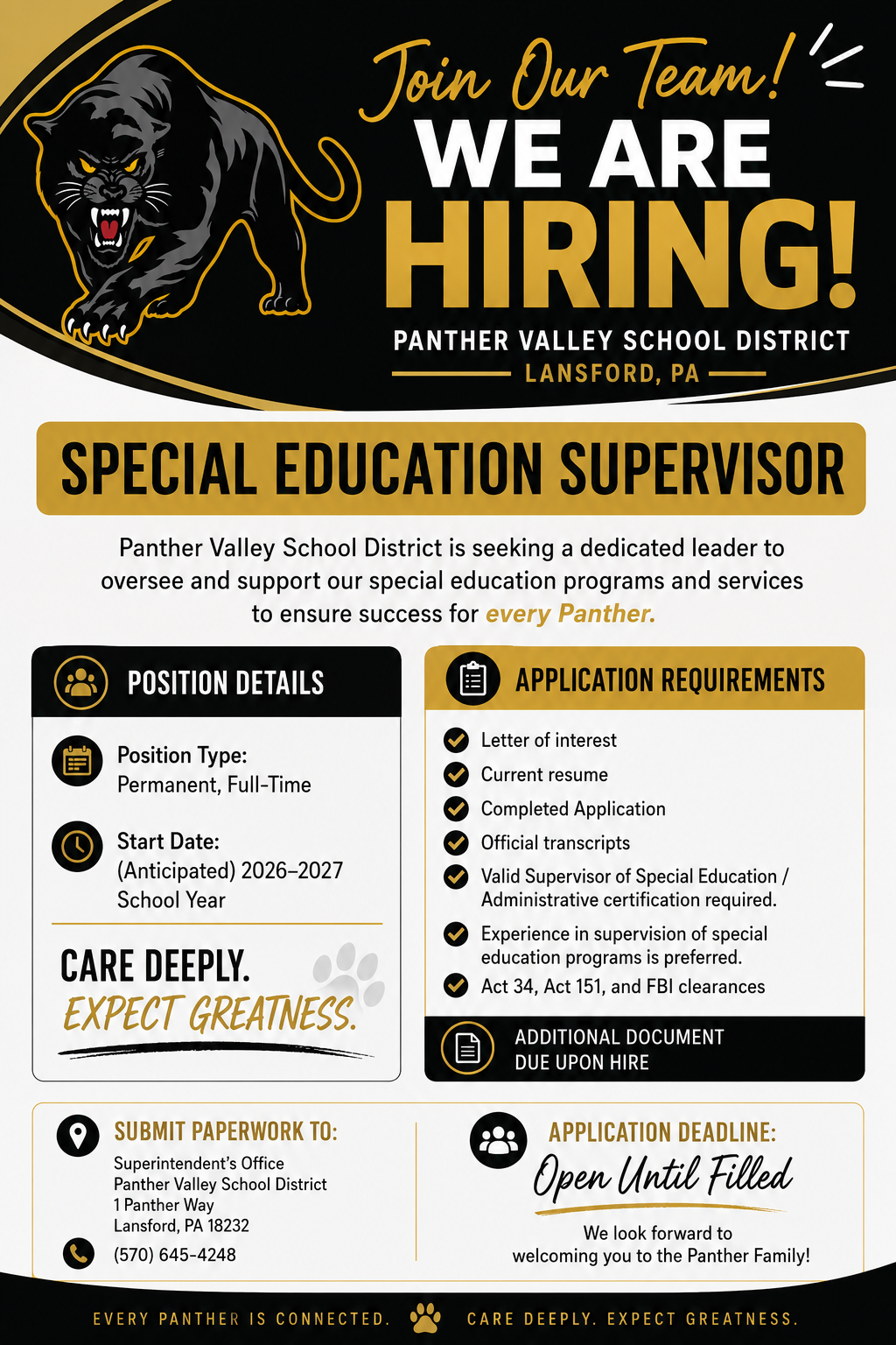 Hiring poster for a Special Education Supervisor position at Panther Valley School District in Lansford, PA.