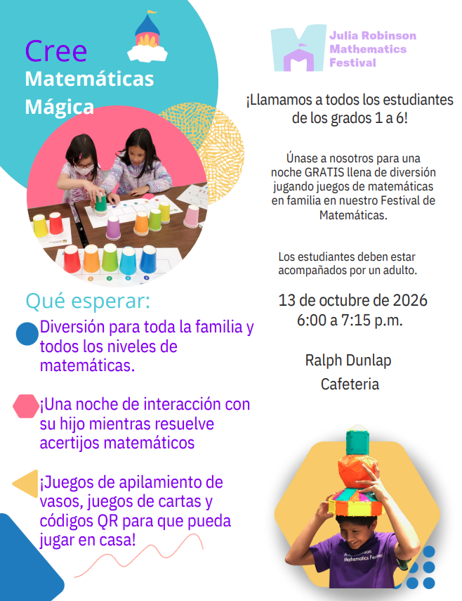 A promotional flyer in Spanish for the Julia Robinson Mathematics Festival, featuring event details for grades 1-6 on October 13, 2026.