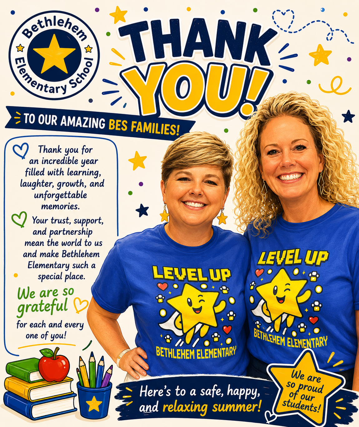 Two smiling women in blue "Level Up Bethlehem Elementary" t-shirts express gratitude to families.