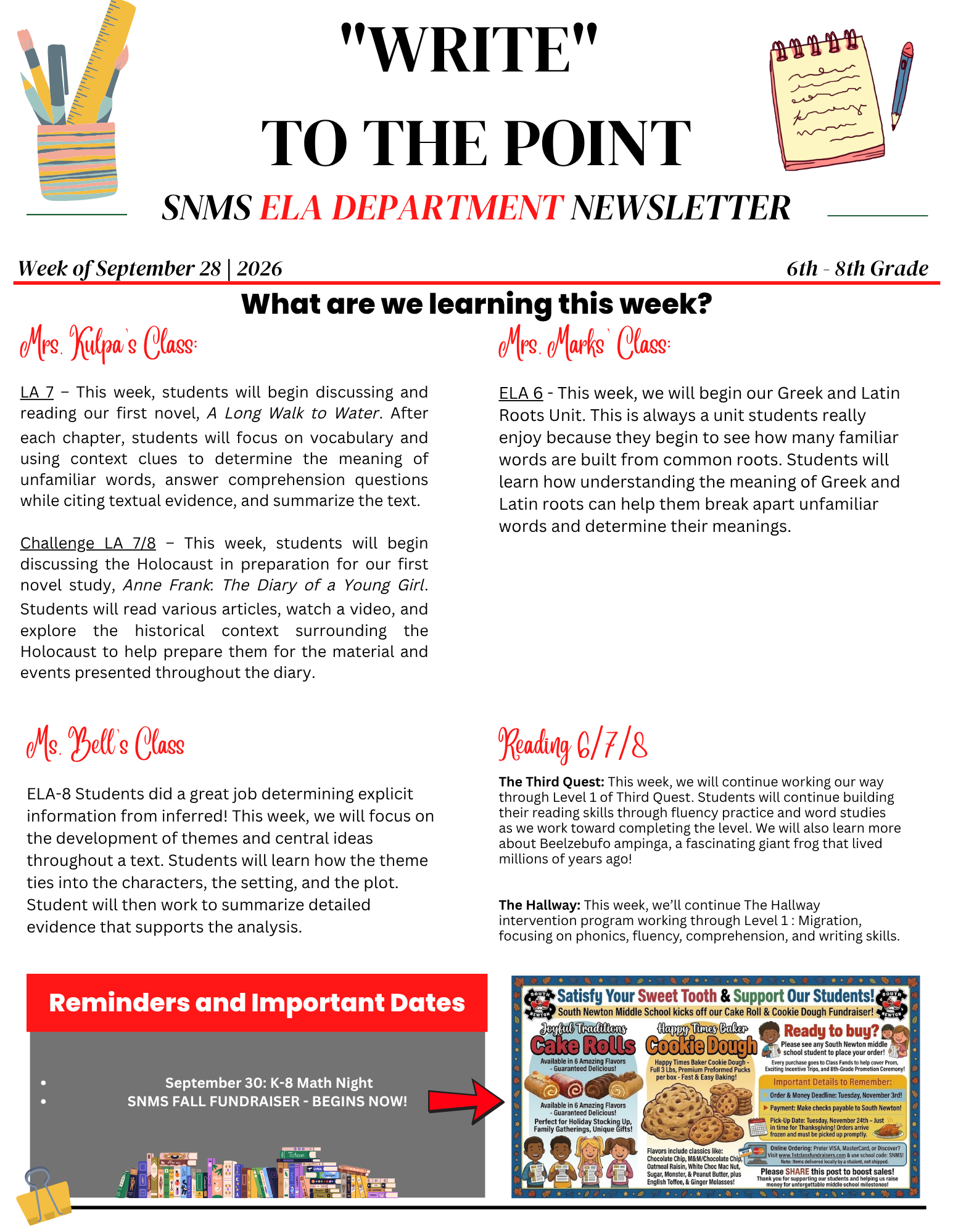 SNMS ELA Newsletter – Week of September 28
