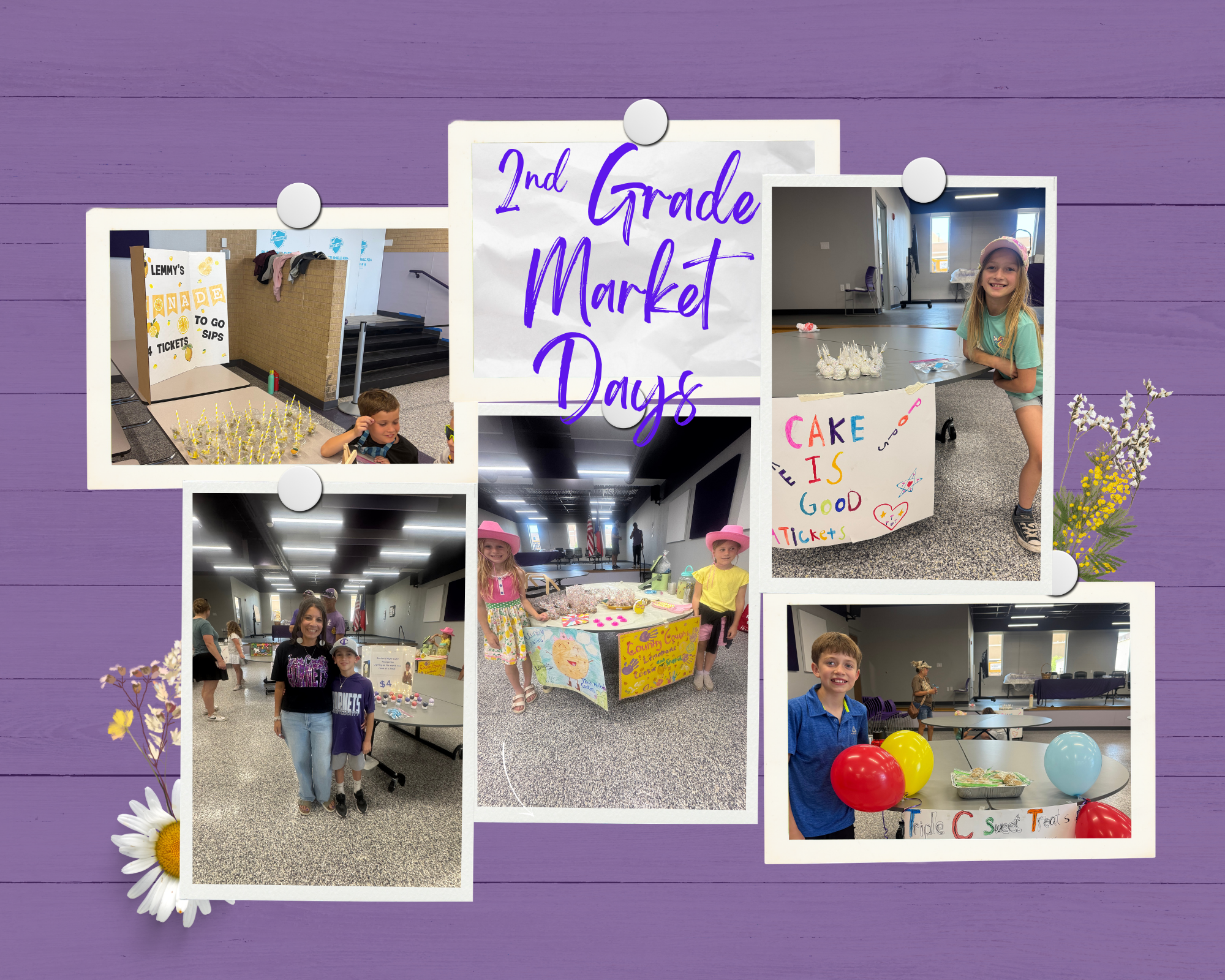 A collage of photos from a 2nd Grade Market Days event, featuring lemonade stands, bake sales, and children participating.