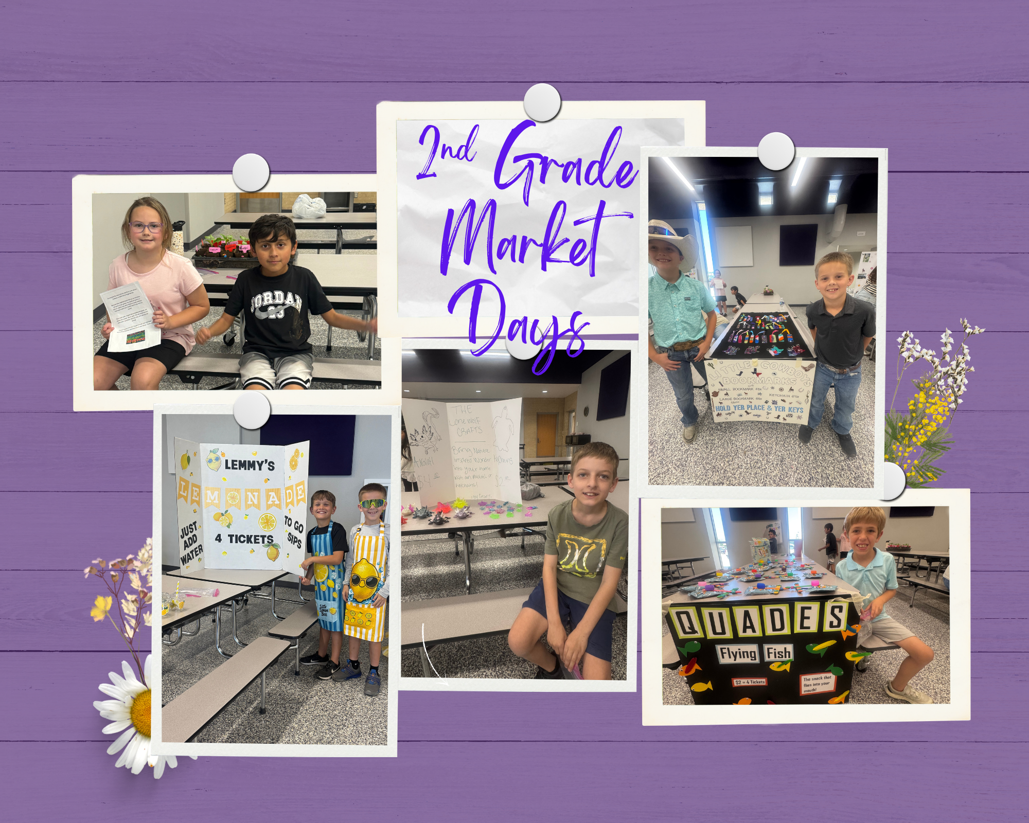 Students participate in a '2nd Grade Market Days' event, showcasing their crafts and products.