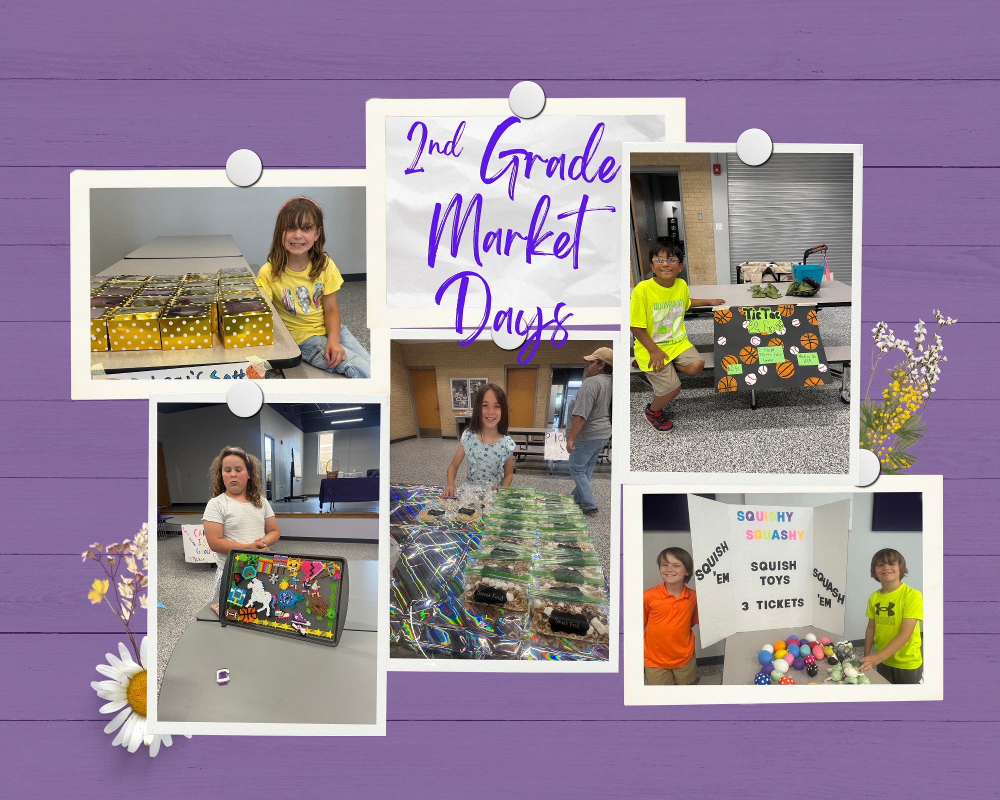 A collage of photos from a 2nd Grade Market Days event, featuring students selling various items.