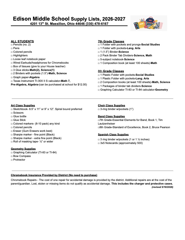 Edison School Supply Lists for 2026-2027