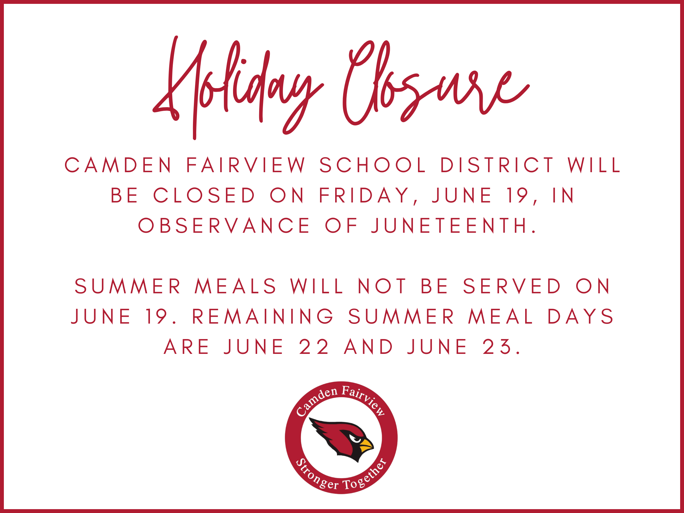 Holiday Closure Reminder: June 19
