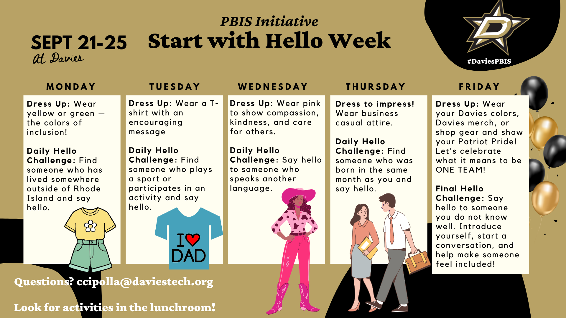 A gold and black flyer outlines the PBIS Initiative Start with Hello Week at Davies from September 21-25, detailing daily dress-up themes and hello challenges.