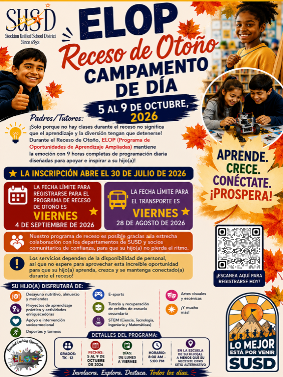 Poster for SUSD's Fall Break Day Camp (ELOP) from October 5-9, 2026, offering learning and fun.