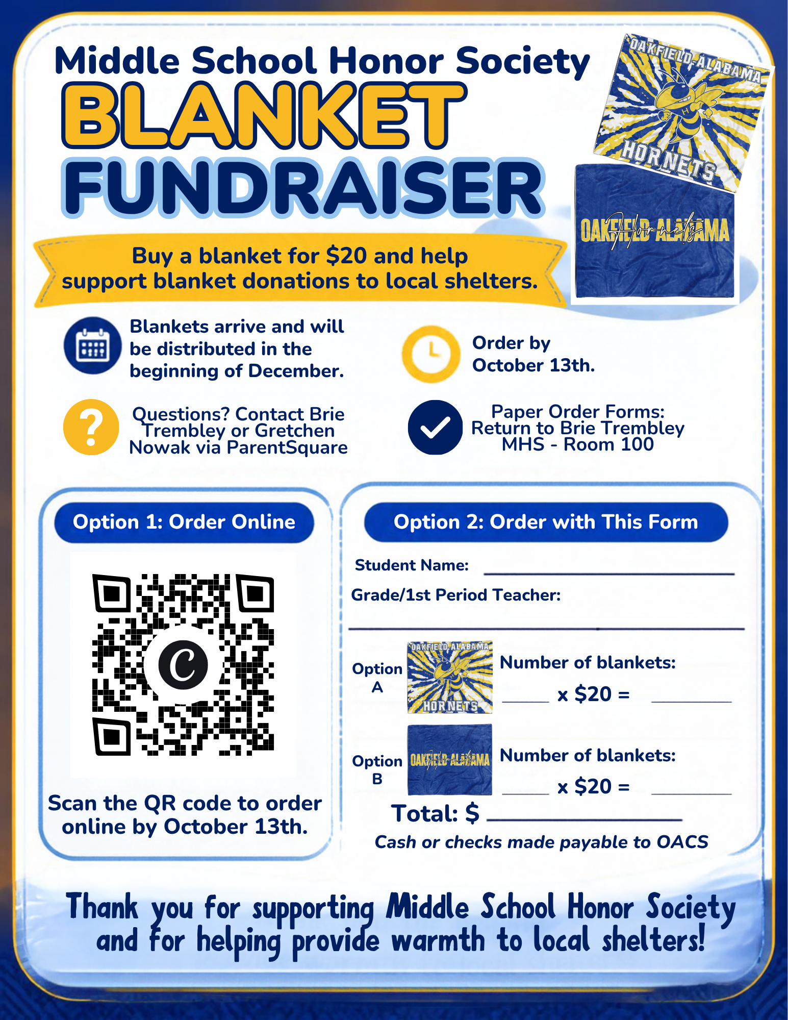 MIDDLE SCHOOL HONOR SOCIETY - BLANKET FUNDRAISER 