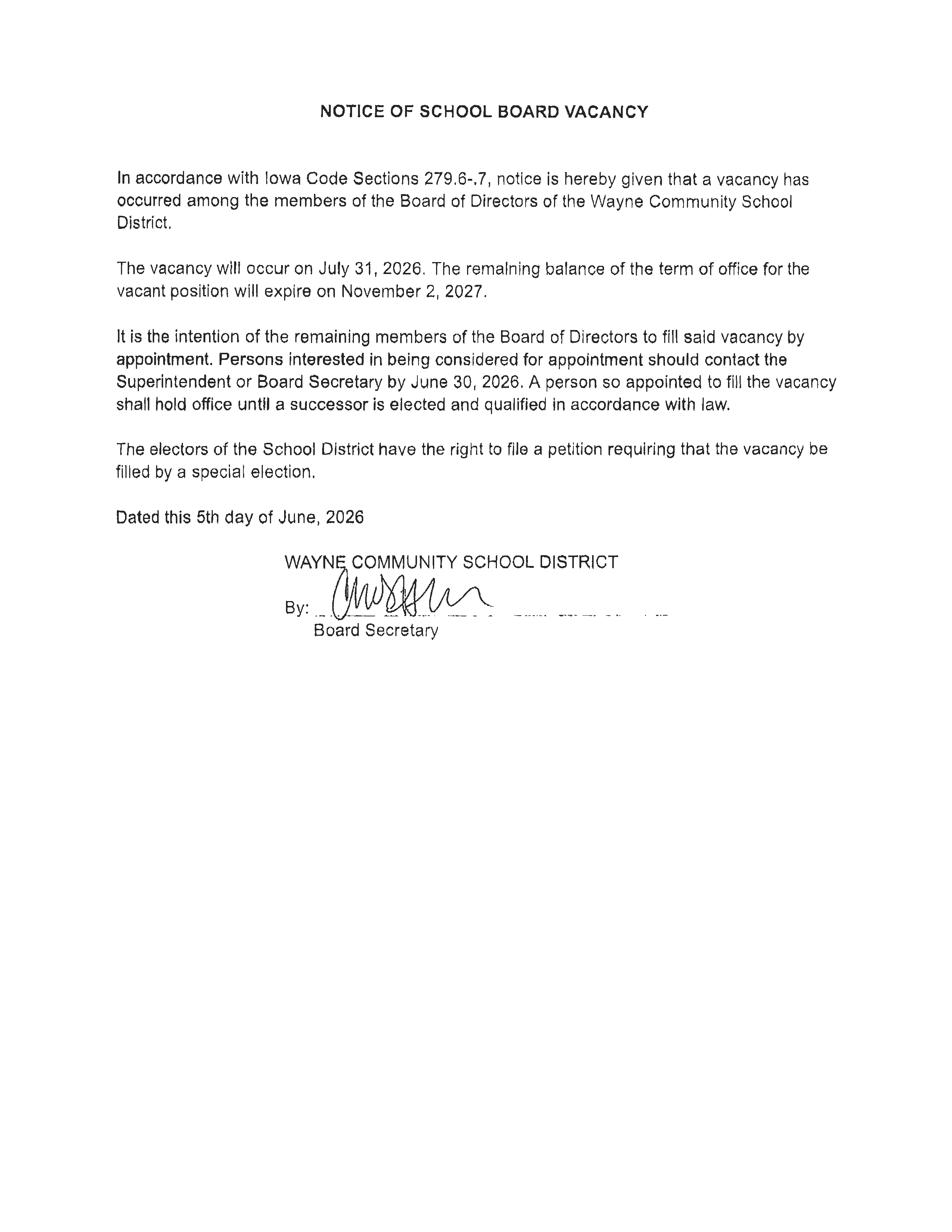 Notice of School Board Vacancy