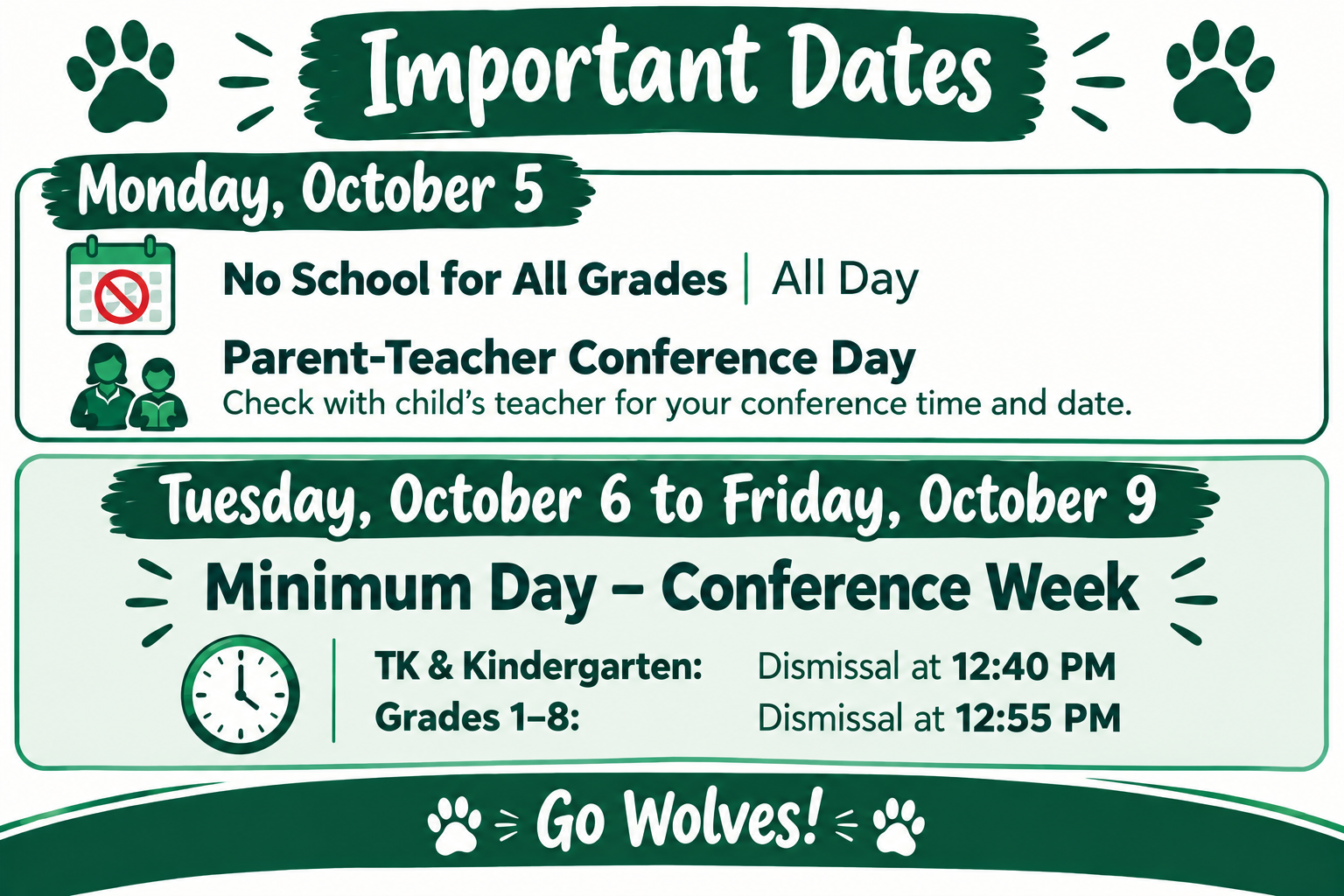 Next Week’s Important Dates – Please Read! 🐺💚
