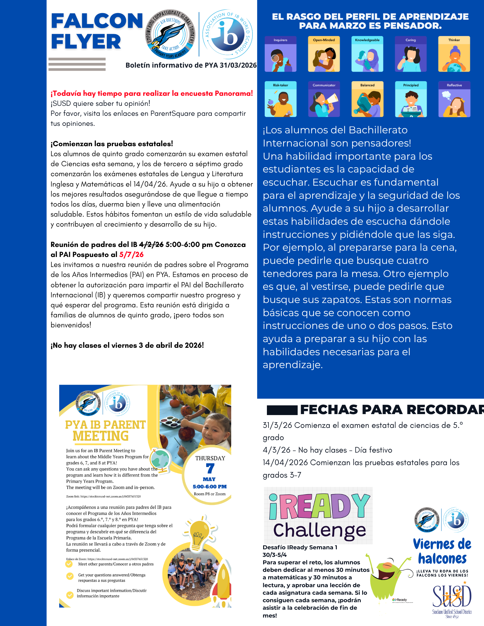 A flyer titled 'FALCON FLYER' with information about school events, parent meetings, and the IB Learner Profile for March.