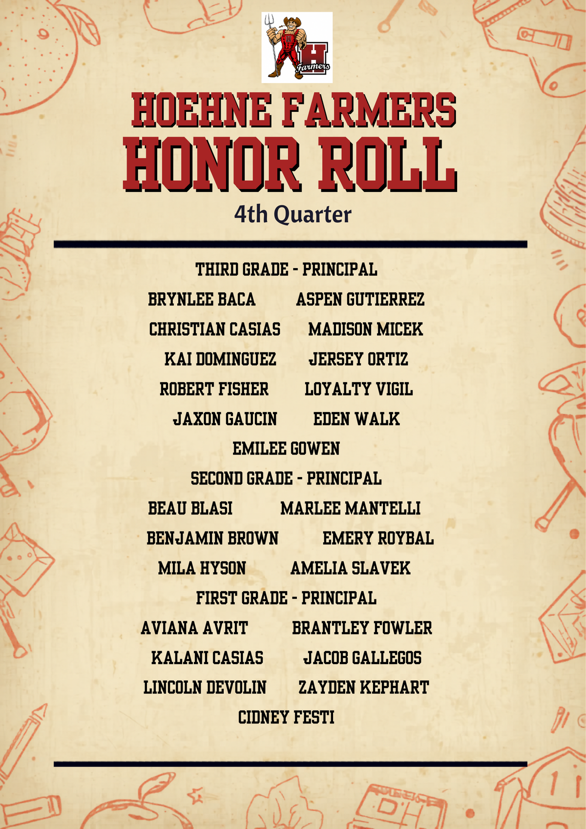 4th quarter honor roll superintendent and principal seniors -1 st grade