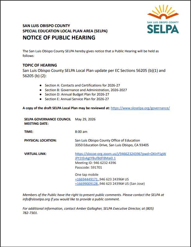 2026-27 SELPA Local Plan - Public Hearing Notice