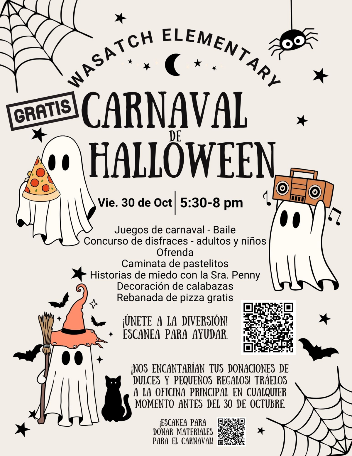 Spanish flyer for Wasatch’s free Halloween Carnival, Friday, October 30, 5:30–8:00 p.m. Volunteer and supply donation QR codes are included.