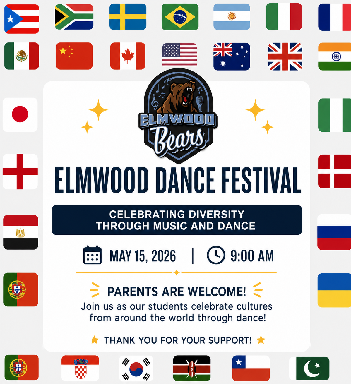 Elmwood Dance Festival tomorrow 5/15/26 @ 9am / Festival de Danza de Elmwood, manana 15 de mayo a las 9am. 