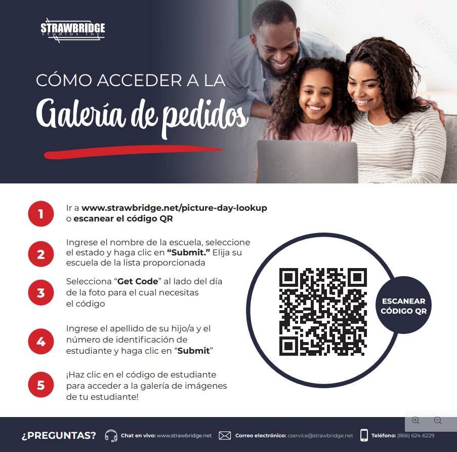 A promotional graphic in Spanish titled "CÓMO ACCEDER A LA Galería de pedidos" with a numbered 5-step guide and a QR code for accessing school pictures.