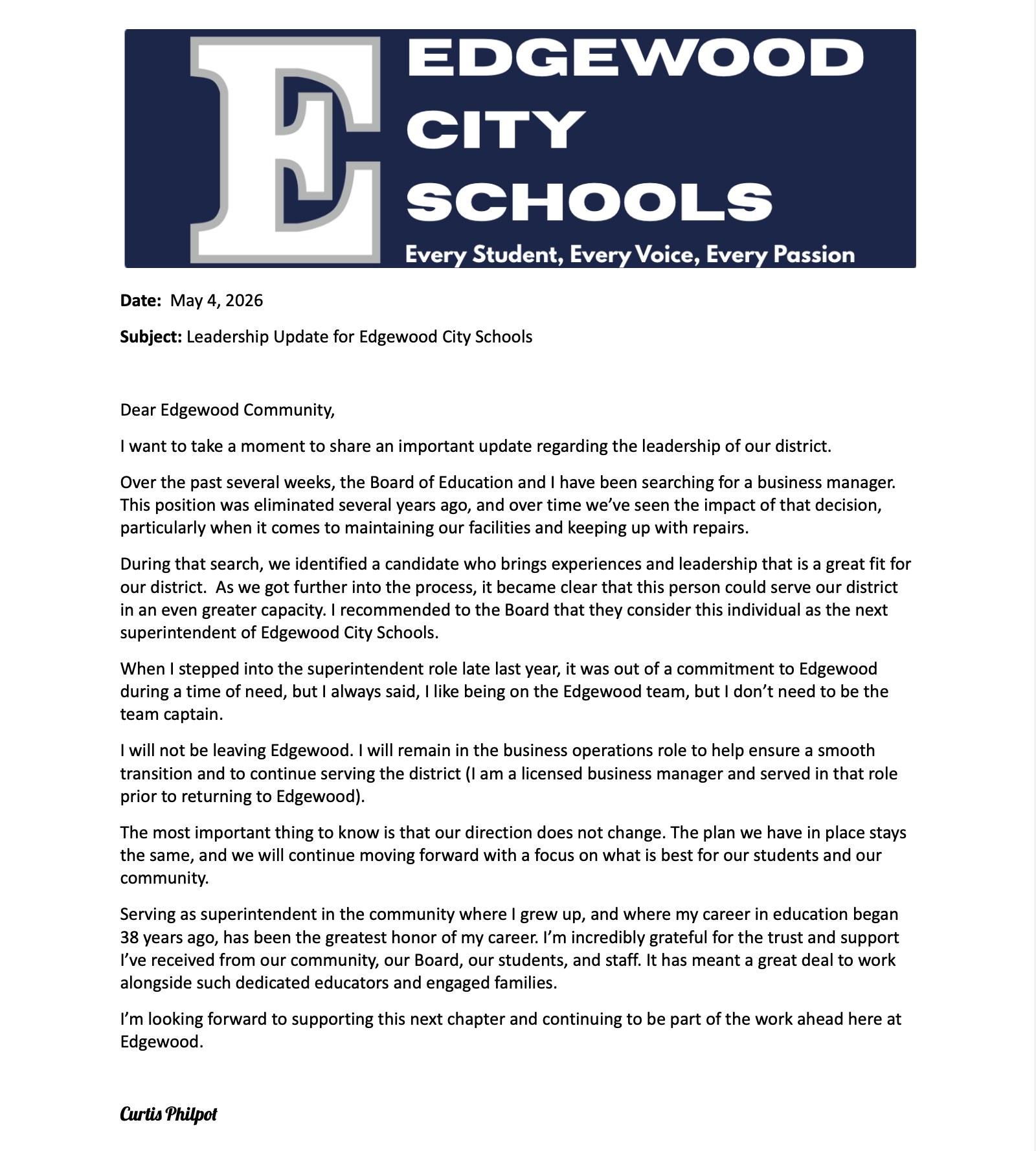Community Letter- From Edgewood City Schools Superintendent