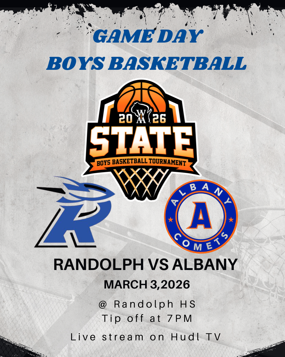 Game Day: Boys Basketball tournament featuring Randolph vs. Albany on March 3, 2026, at Randolph HS, tip-off at 7 PM, live stream on Hudl TV.