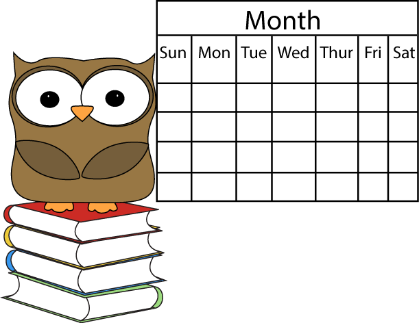 A cartoon owl sits on a stack of colorful books next to a blank monthly calendar.